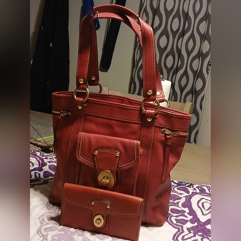 Coach Legacy Red Leather Tote Bag & Wallet